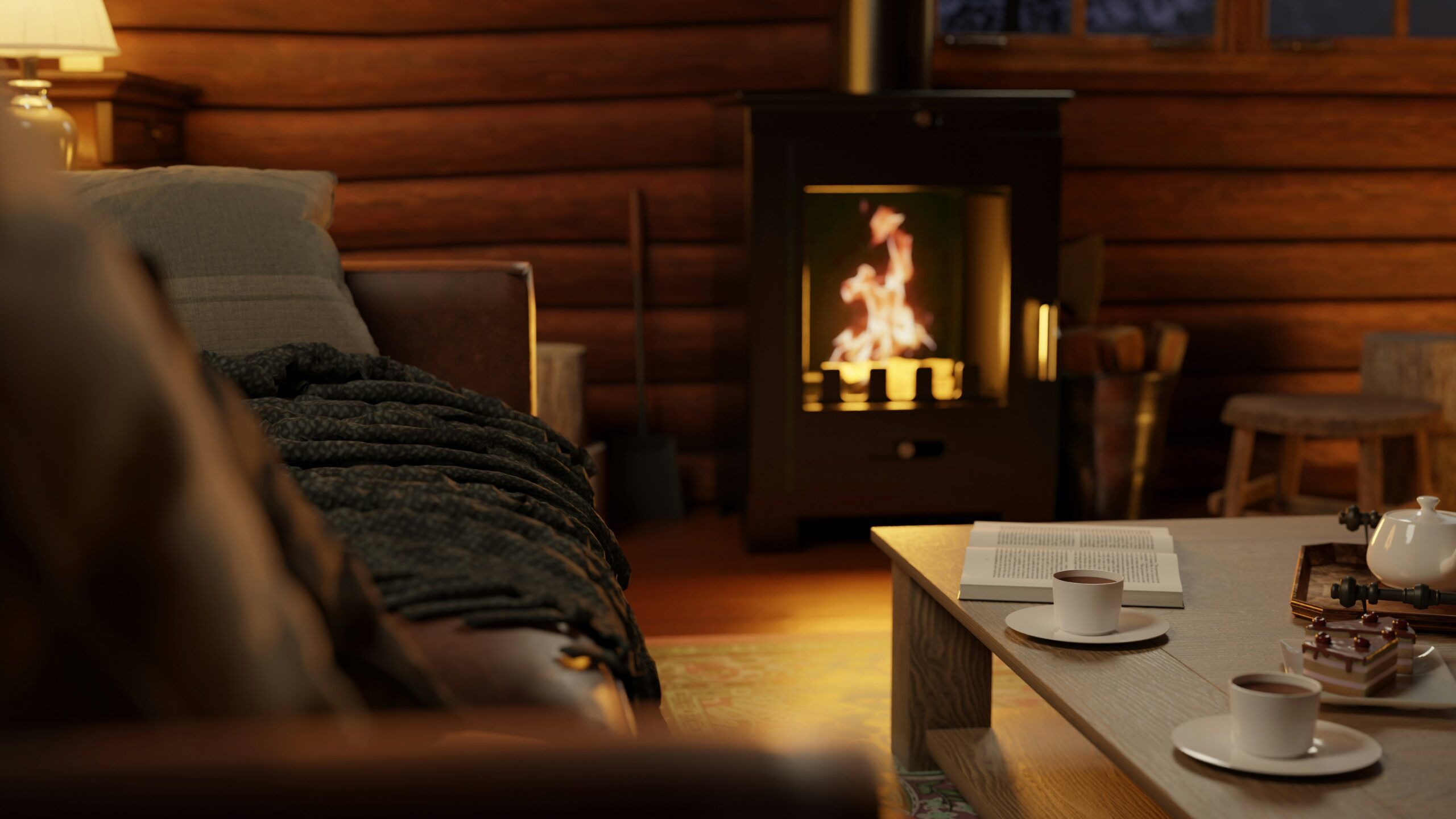 Cozy cabin with warm fireplace ambiance.